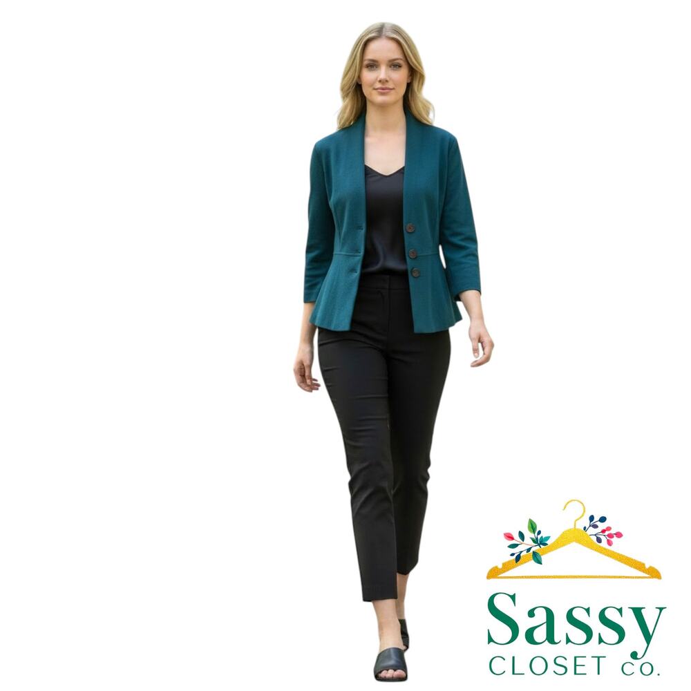Alfani Teal Blue Shawl Collar Peplum Blazer M Cotton Knit Button Jacket WPL8046